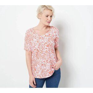 Belle Kim Gravel Top TripleLuxe Knit Mixed Animal V Neck Coral Reef sz S A470748